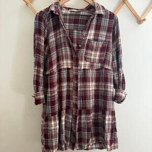 Loft petite plaid tiered shirt dress Med Burgundy & Neutral Plaid Button Front